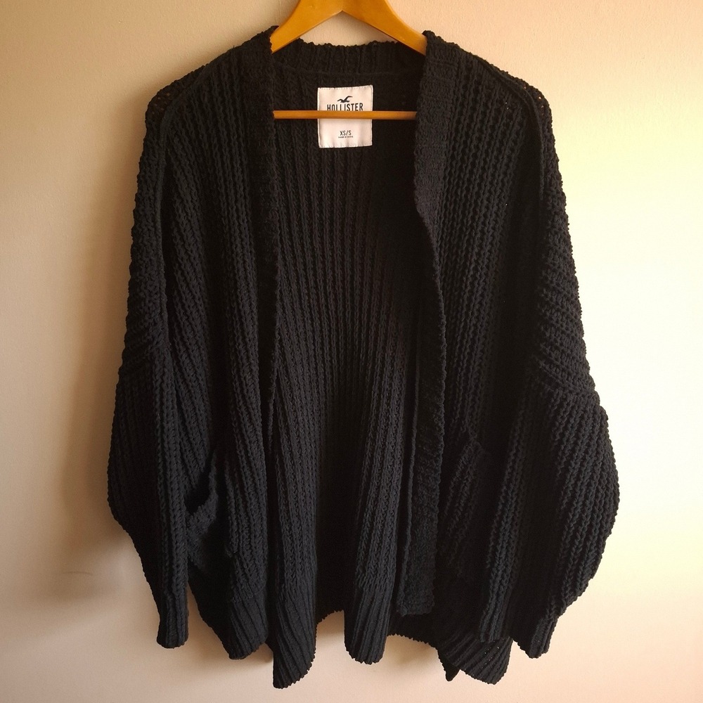 Hollister Whimsigoth Grunge Chunky Knit Cardigan Black Slouchy Cozy Goth Sz S